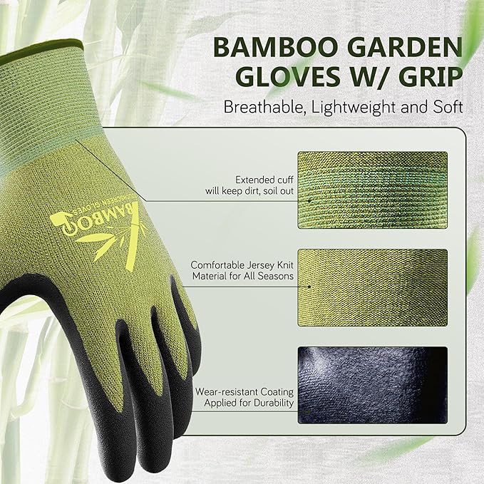 COOLJOB 2 Pairs Gardening Gloves for Women and Men, Bamboo Working Gloves Touchscreen, Grippy Nitrile Rubber Coated Work Gloves, Green/Black, Large Size (2 Pairs L)