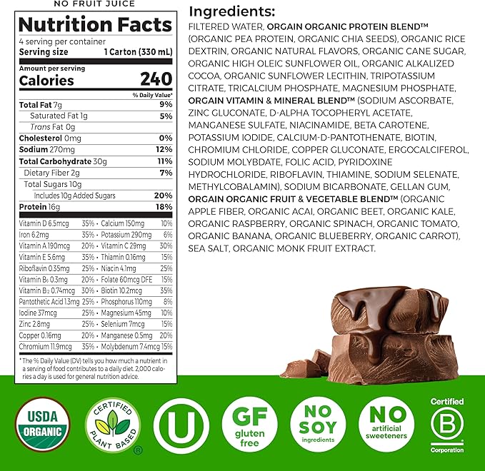 Orgain Organic Nutritional Vegan Protein Shake, Smooth Chocolate - 16g Plant Based Protein, Meal Replacement, 22 Vitamins & Minerals, Fruits & Vegetables, Gluten Free, Non-GMO, 11 Fl Oz (Pack of 4)