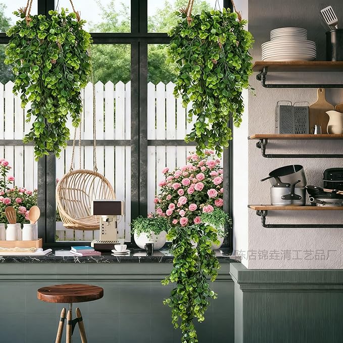 2Pcs Artificial Hanging Plants Eucalyptus Leaves UV Resistant Fake Vines Ivy Artificial Plants Outdoor Faux Plants Indoor Bedroom Living Room Boho Wall Porch Shelf Decor