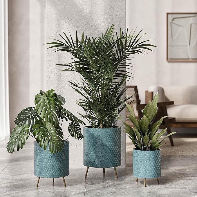 EverNest Mid-Century Modern Rhys Honeycomb Embossed Planter Pot with Nyra Gold Stand, Metal Indoor Plant Pots, Blue Green Bohemian Style (Small 1 Gallon)