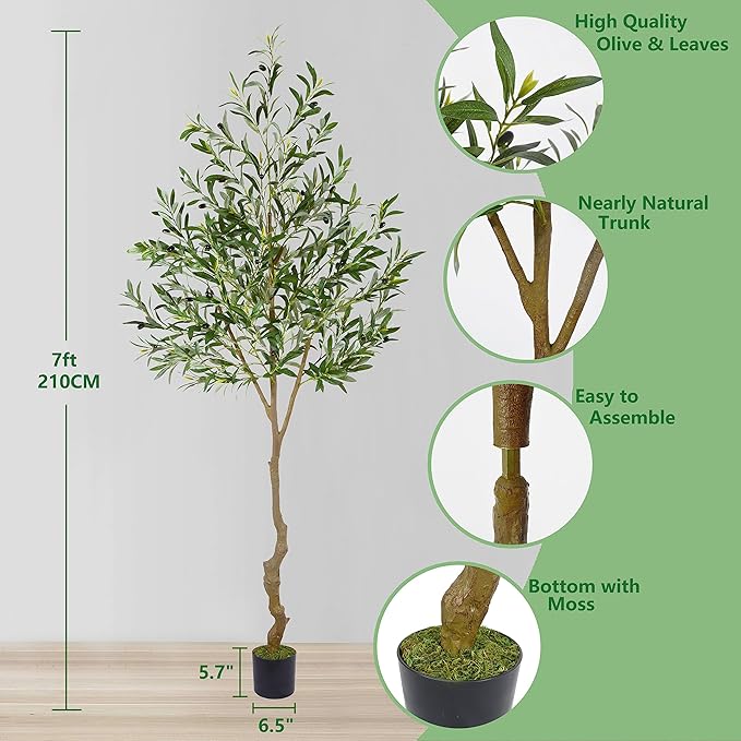 Warmplants Artificial Olive Tree, 7ft Tall Fake Olive Leaves Plant with Basket, Indoor Outdoor Faux Olive Topiary Silk Tree for Home Livingroom Office Décor
