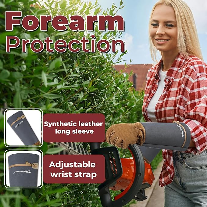 HANDLANDY Long Gardening Gloves for Men & Women, Pigskin Leather Rose Pruning Gloves, Breathable Thorn Proof Gauntlet Glove (Steel Gray, M)