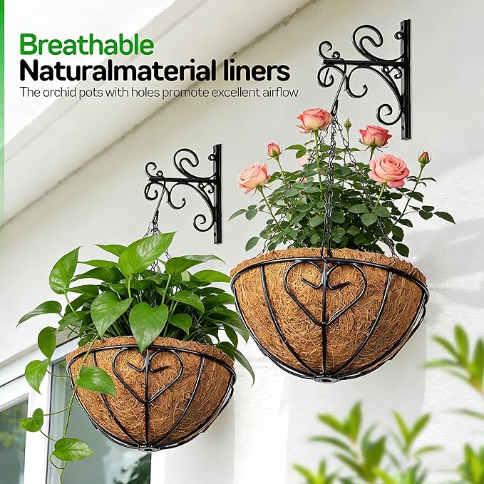 QCQHDU 3 Pack 10 inch Metal Hanging Orchid Baskets for Plants Outdoor, Hanging Orchid Planter Basket with Coco Liners, Orchid Pots with Holes for Garden, Patio, Deck, Porch Plants(Love)