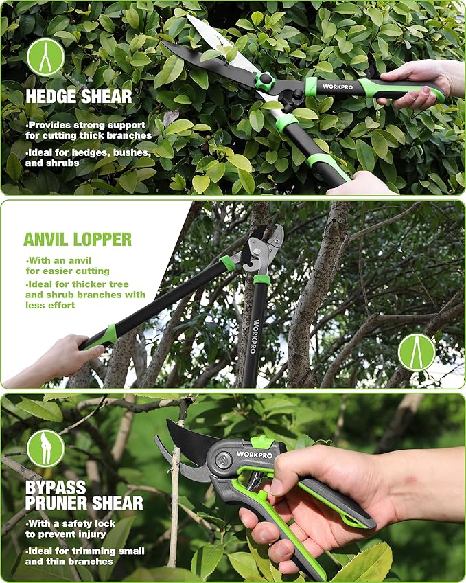 WORKPRO 3-Piece Garden Shears Set - 20” Hedge Shear, 24” Anvil Lopper & 8” Pruning Shear, Heavy-Duty Gardening Clippers with Sharp Blade, Comfort Grip Handle for Branches, Shrubs, and Hedges