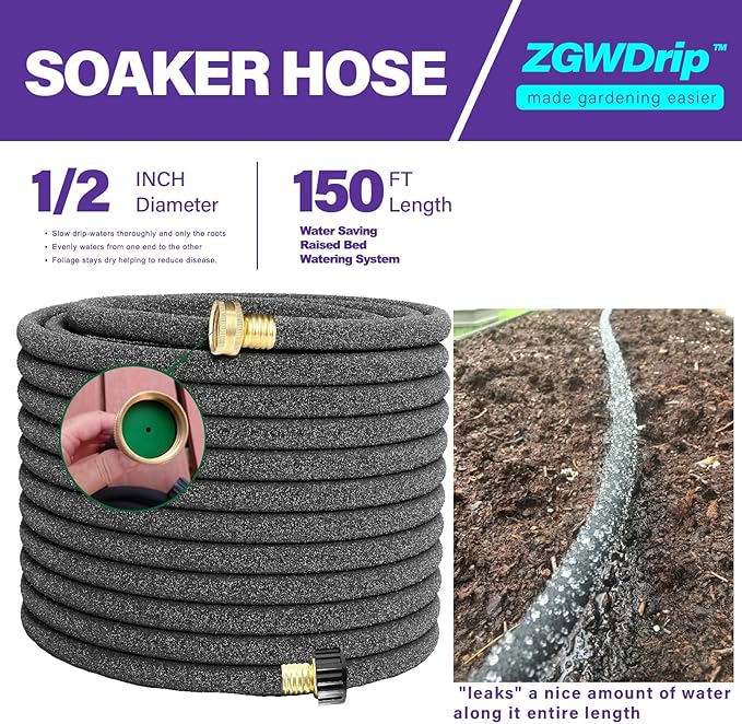 150FT 1/2" Water-Saving Soaker Hose with Solid Brass Connectors, Drip Irrigation Kit for Lawn & Landscaping with Metal Ground Stake & Accessory Kit