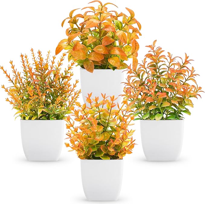 Der Rose 4 Pack Fall Fake Plants Mini Artificial Greenery Potted Plants Fall Decorations for Home Decor Indoor Office Table Room Farmhouse Bathroom Fall Decor