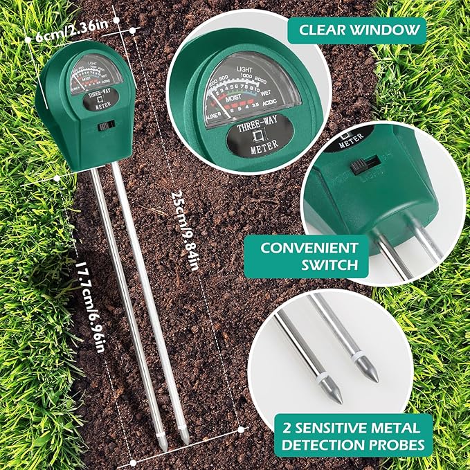 GeeRic Soil Moisture 3-in-1, Soil Moisture/Light/pH Tester, No Battery Needed Soil Tester Gardening Tool for Indoor and Outdoor