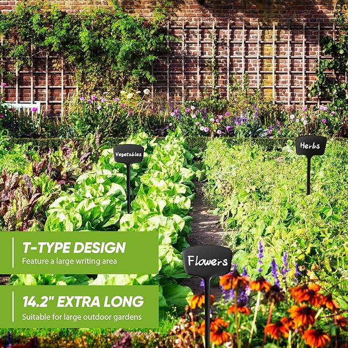 Colingmill 50 Pcs 14.2 Inch Plastic Plant Labels Tags T Type Plant Markers with Pen for Outdoor Indoor Garden Pot Herbs Flowers Vegetable (Black)
