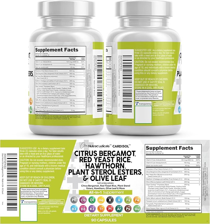Clean Nutraceuticals Citrus Bergamot Red Yeast Rice Capsules with Plant Sterols - with Hawthorn Extract Olive Leaf Niacin Vitamin K3 D3 COQ10 Guggul & More