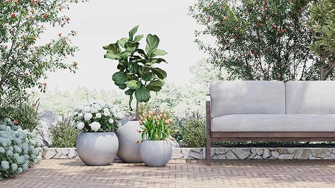 DTY Mount Sherman 21.1'' D x 16.7'' H (Pot Opening 14.6") Fiberstone Round Planter with Drainage Hole, Smooth Finishes, Weather Resistant for Indoor and Outdoor, 2 Extra Coco Mats - Gray, Large