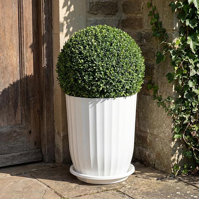 Briwooody 2 Pcs Tall Planter 12.6" Large Round Plastic Plant Pots with Drainage Hole and Tray White Modern Planter for Indoor Outdoor Plants Home Office Kitchen Bedroom Living Room Porch Patio Decor