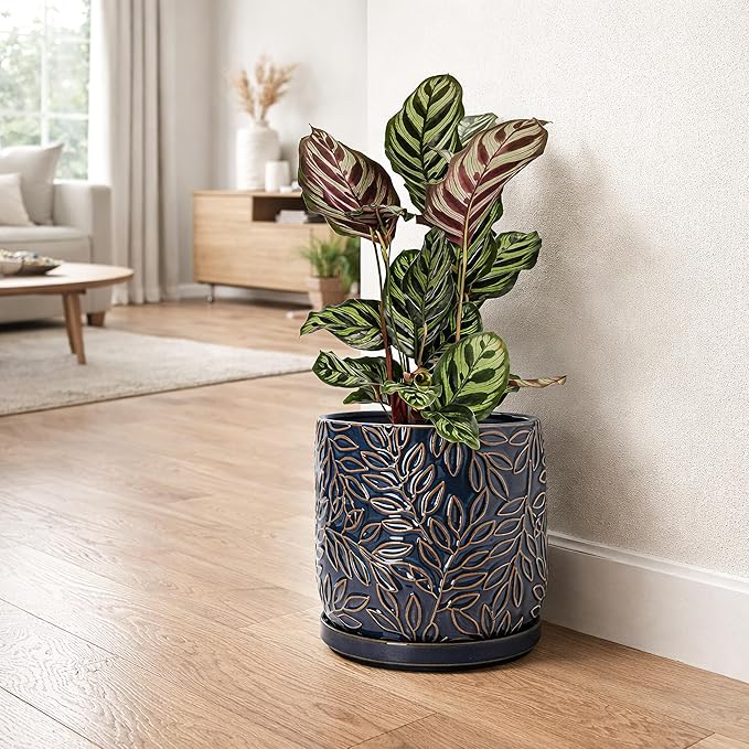 D'vine Dev 8 Inch Embossed Leaves Stoneware Planter Pot with Drainage Hole and Saucer, Midnight Blue, 27-A-Q-3