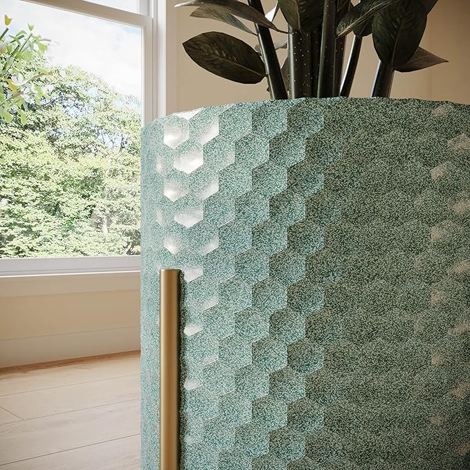 EverNest Mid-Century Modern Rhys Honeycomb Embossed Planter Pot with Loki Gold Stand, Metal Indoor Plant Pots, Blue Green Bohemian Style (Medium 2 Gallon)