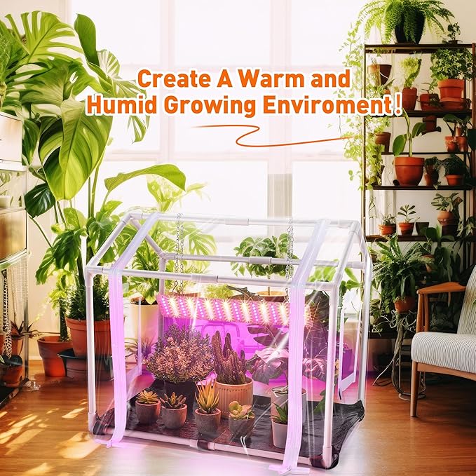 Meonum Mini Greenhouse with Grow Light, 23.6" L x 15.7" W x 19.6" H Portable Greenhouse with Waterproof Bottom Mat, Timer, 3 Light Color Mode for Indoor Outdoor Seed Starter Tray (Mini House Shape)