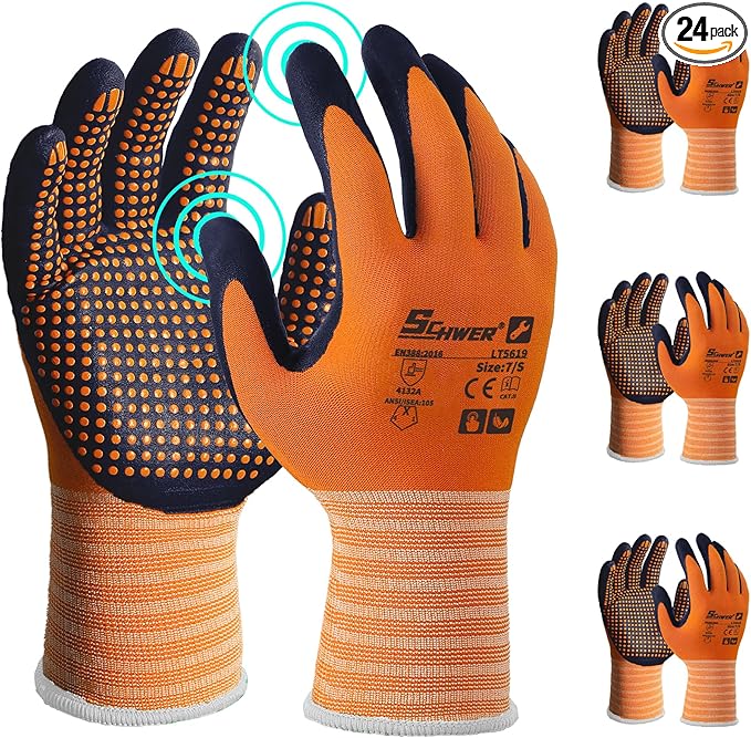 Schwer 24 Pairs Safety Work Gloves MicroFoam Nitrile Coated, Certified Level 6 Abrasion Resistant Gardening Gloves with MicroDot Grip, Touchscreen, General A1 Cut Resistant Glove, LT5619, S