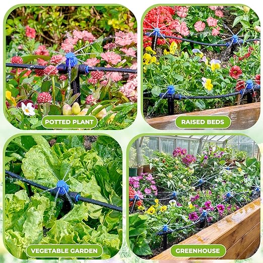 HIRALIY 80ft Push-to-Connect Drip Irrigation Kit, Adjustable Plant Watering System, for Garden Raised Bed Saving Water Automatic Irrigation Equipment with Drip Emitters, Tubing, Connectors