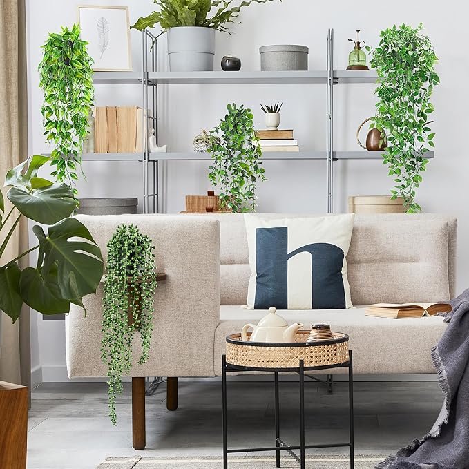 USLAI Artificial Hanging Plants Vine, Fake Potted Greenery Faux Eucalyptus, Mandala, String of Pearls, Pea Pod Leaves in Pot for Office Living Room Bathroom Indoor Outdoor Décor (4 Pack)