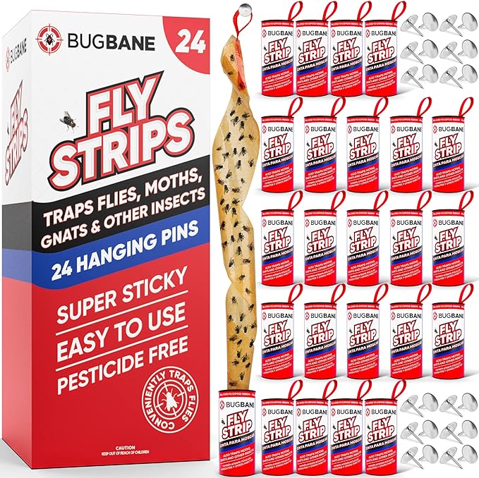 Fly Strips Indoor Sticky Hanging 24pk with Pins. Non Toxic Outdoor Fly Trap Indoor for Home. Flies Tape Paper Trap Ribbon Roll for House Gnat Fruit and Housefly. Bug Catchers for Inside Home Flypaper.