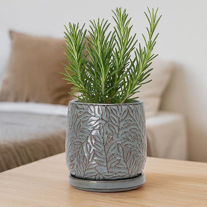 D'vine Dev 6 Inch Embossed Leaves Stoneware Planter Pot with Drainage Hole and Saucer, Graphite Blue, 27-A-X-9