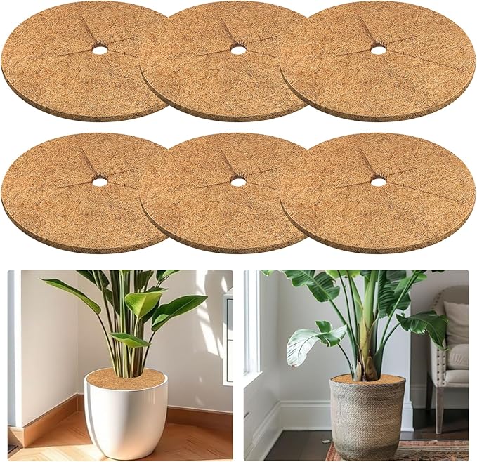 Legigo 6pcs Coconut Fiber Mulch Ring Tree Plant Protector Mat, 18 Inch Natural Coco Coir Tree Mulch Ring Plant Pot Soil Cover, Tree Rings Disc Plant Cover for Indoor Outdoor Plants, Landscaping
