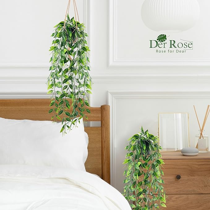 Der Rose 2 Pack Fake Hanging Plants Small Artificial Plants Faux Pea Pod Plants Indoor for Aesthetic Living Room Office Shelf Decor