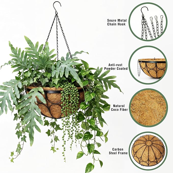4 Pack 12 Inch Hanging Planters for Outdoor Plants，Large Wire Flower Hanging Basket with Coco Liners for Balconies, Patios, Porch, Terraces Decor