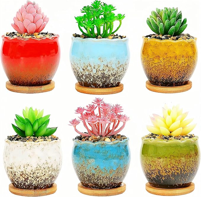 Cute Circular Ceramic Home Garden Decoration Succulent Cactus Flower Pots Container with Bamboo Tray -Plant Not Included (Blue, 3.9 Inch)
