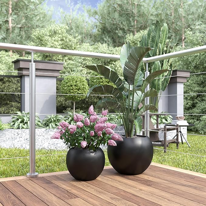 DTY Mount Sherman 12.6" D x 10'' H (Pot Opening 8.5") Fiberstone Round Planter with Drainage Hole, Smooth Finishes, Weather Resistant for Indoor and Outdoor, 2 Extra Coco Mats - Black, Small