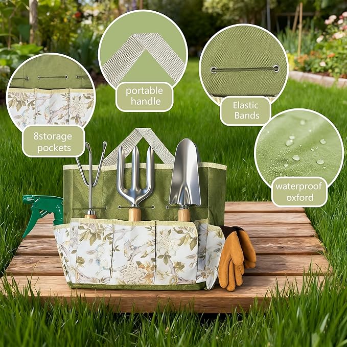 Garden Tool Set,10 Pcs Heavy Duty Gardening Hand Tools Set with Soil Moisture Meter and Storage Tote Bag,Rust-Proof Garden Supplies Kit for Planting,Ideal Gardening Gifts for Women