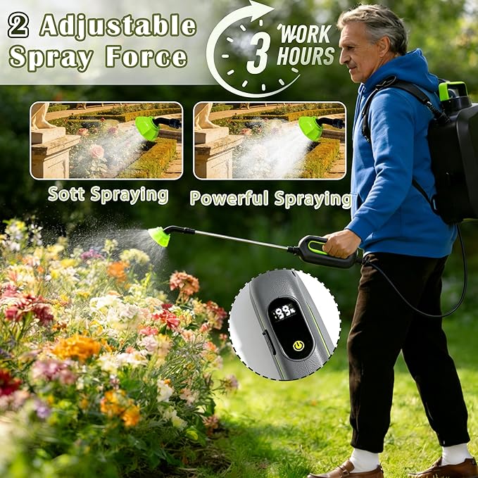 3 Gallon Battery Powered Sprayer, Covers 6,000+ Sq Ft per Tank – Electric Sprayer with 5 Interchangeable Nozzles, Handle with 2-Speed Control & Digital Display, for Lawn, Garden & Outdoor Cleaning