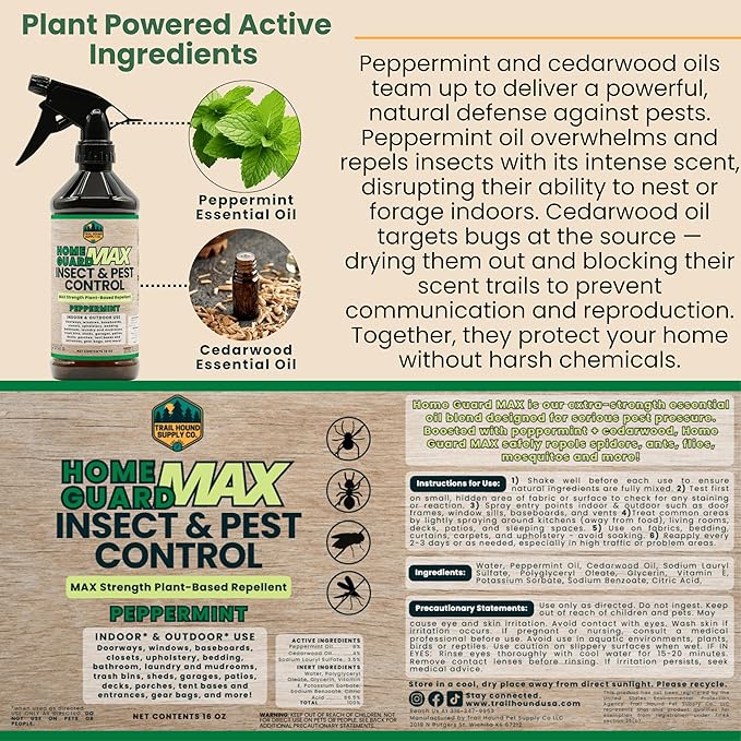 Home Guard MAX - Peppermint Insect & Pest Control Spray - Natural Peppermint Oil Spray for Bugs - Plant-Based Indoor & Outdoor Spider Spray (1, 16 Fl Oz (Pack of 1))