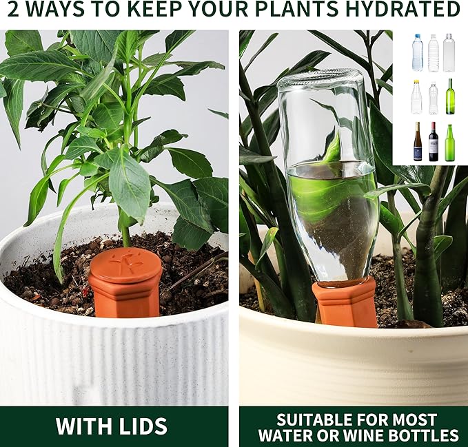 Soilagua Large Terracotta Watering Spikes with Lids, Automatic Plant Waterer Outdoor | Indoor, Vacation Friendly Clay Plant Watering Devices System, Slow Release Self Watering Planter Insert, 4 Pack