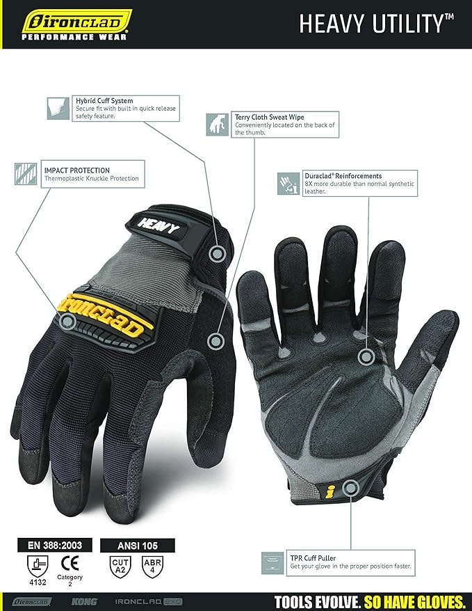 Ironclad Heavy Utility Work Gloves HUG, High Abrasion Resistance, Performance Fit, Durable, Machine Washable, (1 Pair), SMALL Black & Grey