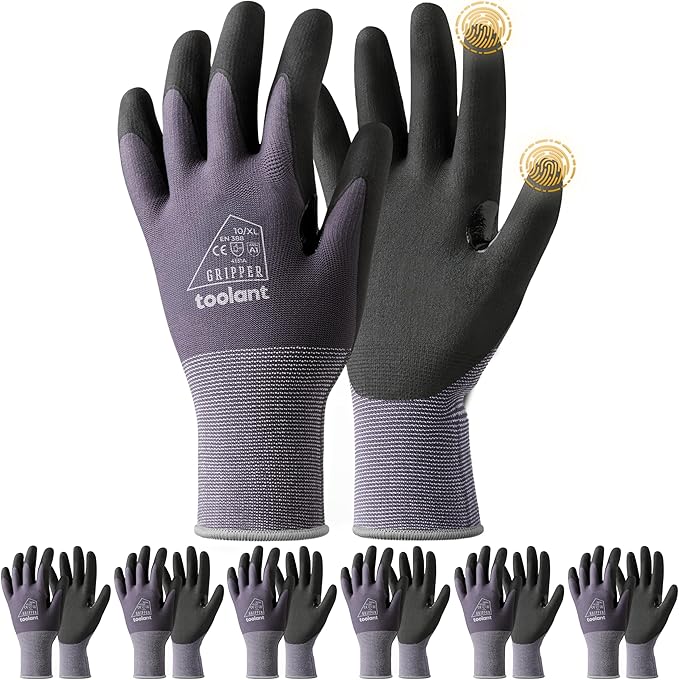 toolant 6/12 Pairs MicroFoam Nitrile Coated Safety Work Gloves, Breathable Nylon Working Gloves Men with Grip,Touchsreen