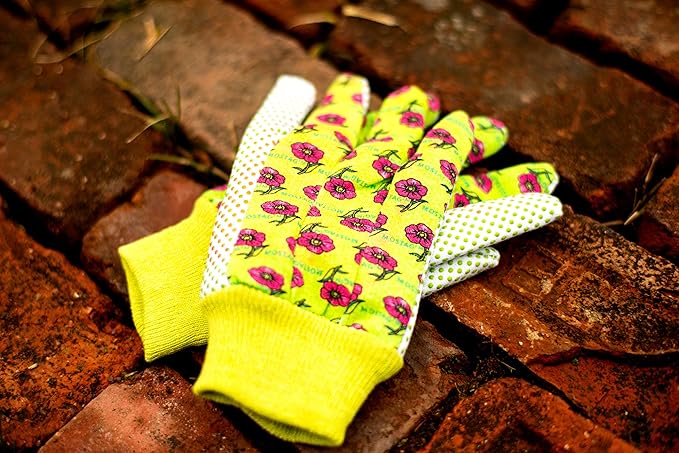 Women's Gardening Gloves, Soft Cotton Jersey, Floral Print, PVC Dot Grip, Comfortable & Durable Multi color Green, Red, Blue