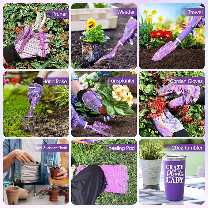 Lifecapido Gardening Gifts for Women, Garden Tool Set, 14 PCS Gardening Tools Set Kit with Tool Bag, Plant Lover Birthday Christmas Mothers Day Garden Tools Gifts for Gardeners Women Mom (Purple)