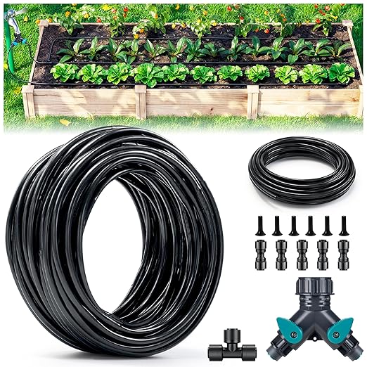 HIRALIY 1/4" Drip Irrigation Tubing Kit, 150FT Dripline with 6" Emitter Spacing, Built-in 0.5 GPH Drippers, 6mm 33FT Watering Hose with 2-Way Connector for Garden, Landscape & Greenhouse