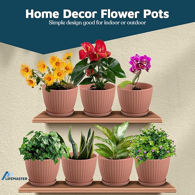 Pink 6-Inch Plant Pots with Drainage & Saucers 6 Pack, Indoor & Outdoor Planters for Houseplants, Herbs, and Flowers, Durable & Weatherproof Material, Stackable, Lightweight, Minimalist Design