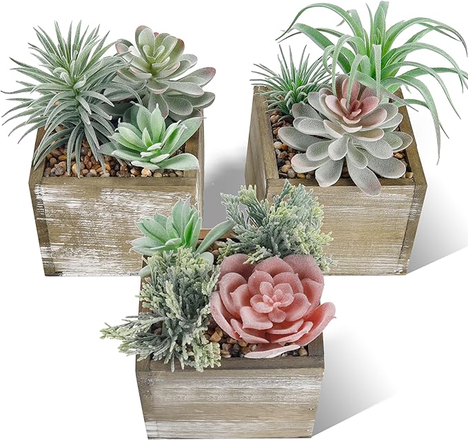Der Rose Set of 3 Succulents Plants Artificial Fake Plants in Wood Pots with Pink Fake Flowers for Farmhouse Bathroom Desk Sheif Decor