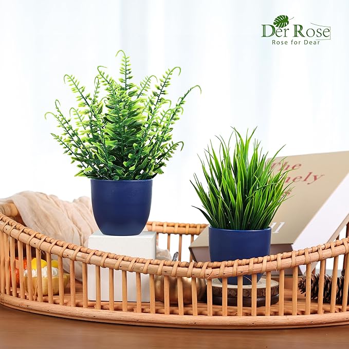 Der Rose 4 Pack Fake Plants Small Artificial Plants in Blue Pots Faux Plants Indoor for Home Kitchen Table Blue Bathroom Decor Accessories