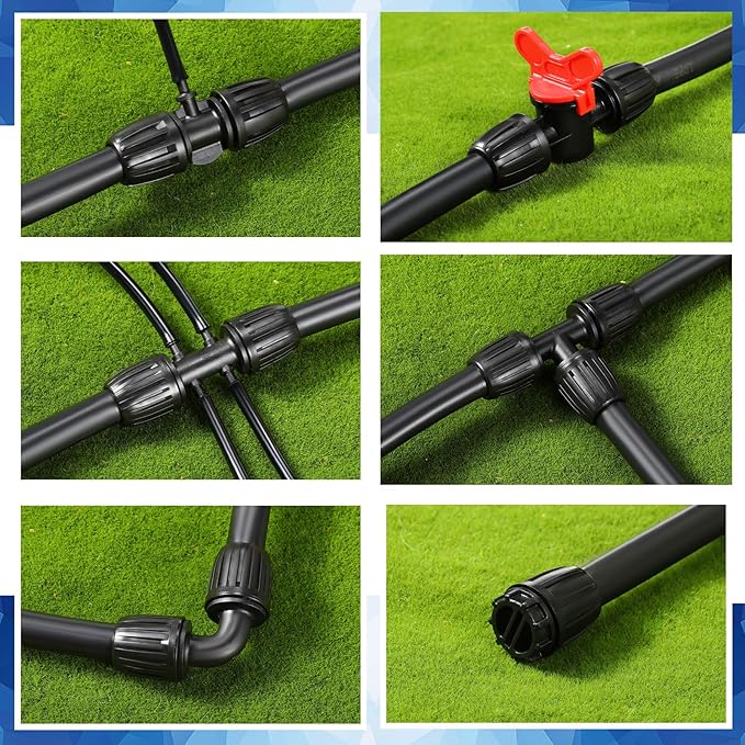 Glooglitter 40 Pcs 1/2" Tubing Irrigation Fittings Kit 1/2 ID x 0.6-0.63 OD 16 mm Drip Irrigation Barbed Connectors Include 6 Switch Valves 18 Barbed Tee 8 Ends 4 Adapters 4 Elbows (Black and Blue)
