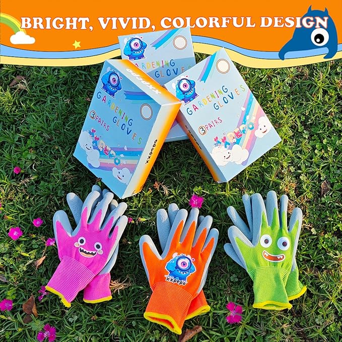 3 Pairs Kids Gardening Gloves. Children Rubber Coated Garden Gloves, Kids & Toddler Outdoor Work Gloves For Age 3-12.