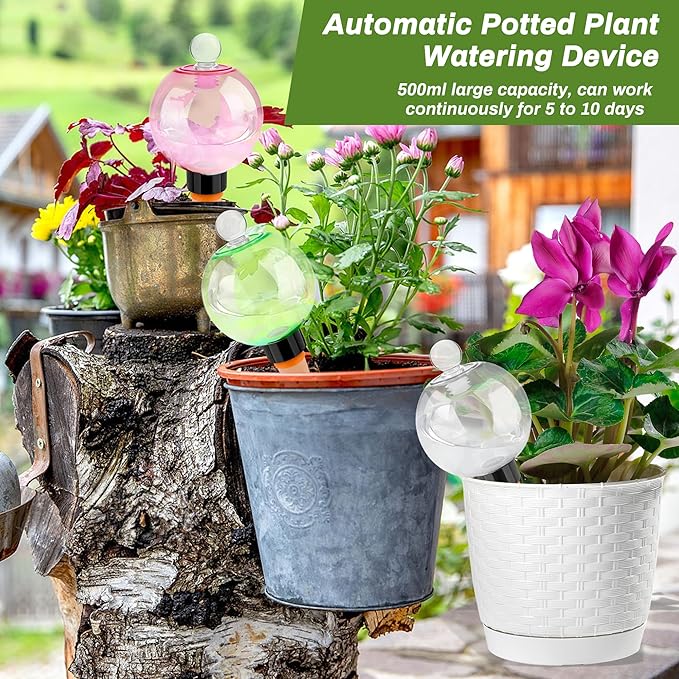 4pcs Plant Watering Globes with 4 Cleaning Brushes, Colorful Self Watering Bulbs (2 White, 1 Green, 1 Pink), Slow Release Water Spikes, Automatic Plant Watering Devices for Indoor Plants