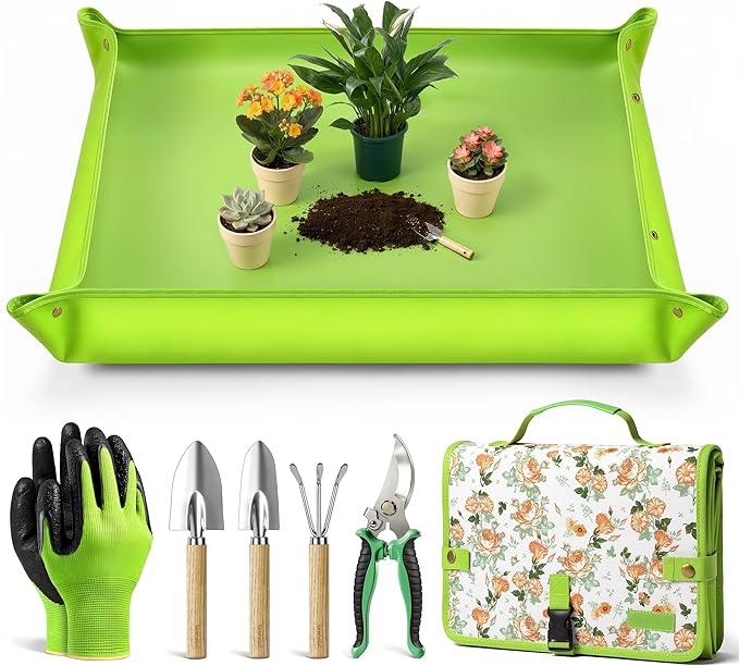 Grenebo Gardening Tools Set, 7 Piece Gardening Hand Tools with Plant Repotting Mat & Tool Bag, Stainless Steel Garden Tools for Succulent Bonsai Plants Transplanting, Gardening Gift for Women & Men