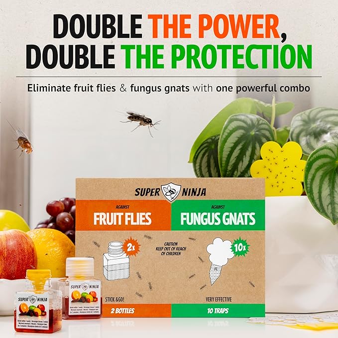 Super Ninja Fungus Gnat & Fruit Fly Traps - 10 Gnat Sticky Traps for Plants & 2 Highly Effective Fruit Fly Catchers for Indoors, Kid & Pet Friendly, Ready to Use, Up to 3 Months of Performance