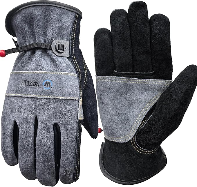 WZQH Leather Work Gloves for Men or Women. Small Glove for Gardening, Tig/Mig Welding, Construction, Chainsaw, Farm, Ranch, etc. Cowhide, Cotton Lined, Utility, Firm Grip, Durable. Grey-Black S