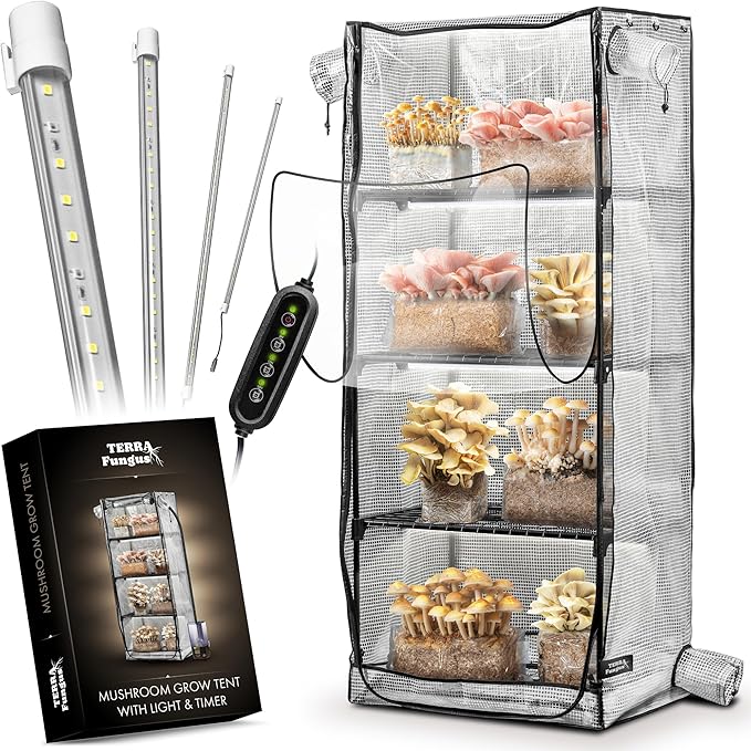 Mushroom Grow Tent with Light and Timer, 65" x 27.5" x 20" & 6500k LED, Indoor Greenhouse with Grow Light, Martha Tent for Mushroom, mini Greenhouse, 4" Vents to Insert Accessories, fits monotub