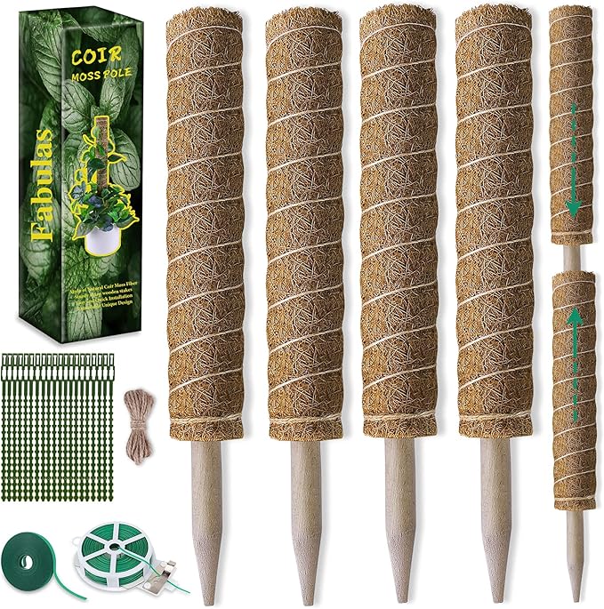 Fabulas Moss Pole 47.5 Inch - Monstera Plant Support, 4 Packs 16 Inch Plant Stakes for Indoor Plants Coco Coir Moss Pole Sticks for Climbing Potted Live Plants, Pothos, Philodendron, with Garden Ties