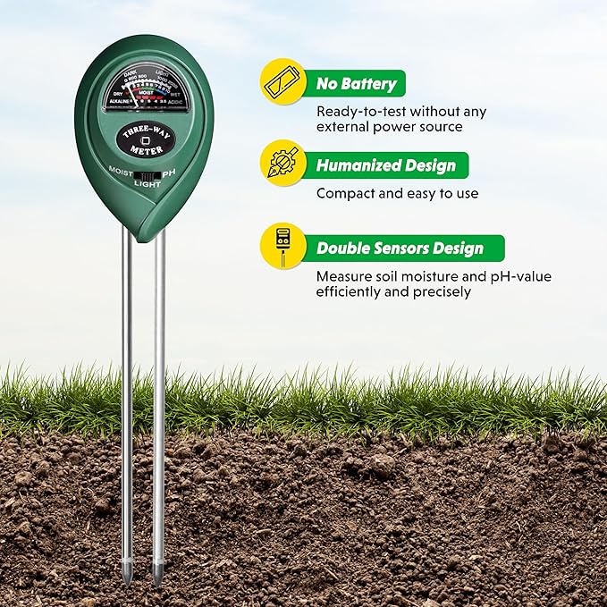 iPower Soil Meter, 3-in-1 Plant Moisture Light PH Tester for Gardening, Farming, Indoor & Outdoor Use