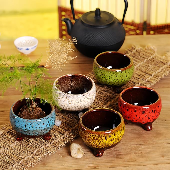 Cute Circular Ceramic Home Garden Decoration Succulent Cactus Flower Pots Container -Plant Not Included (Green, 3.7 Inch)